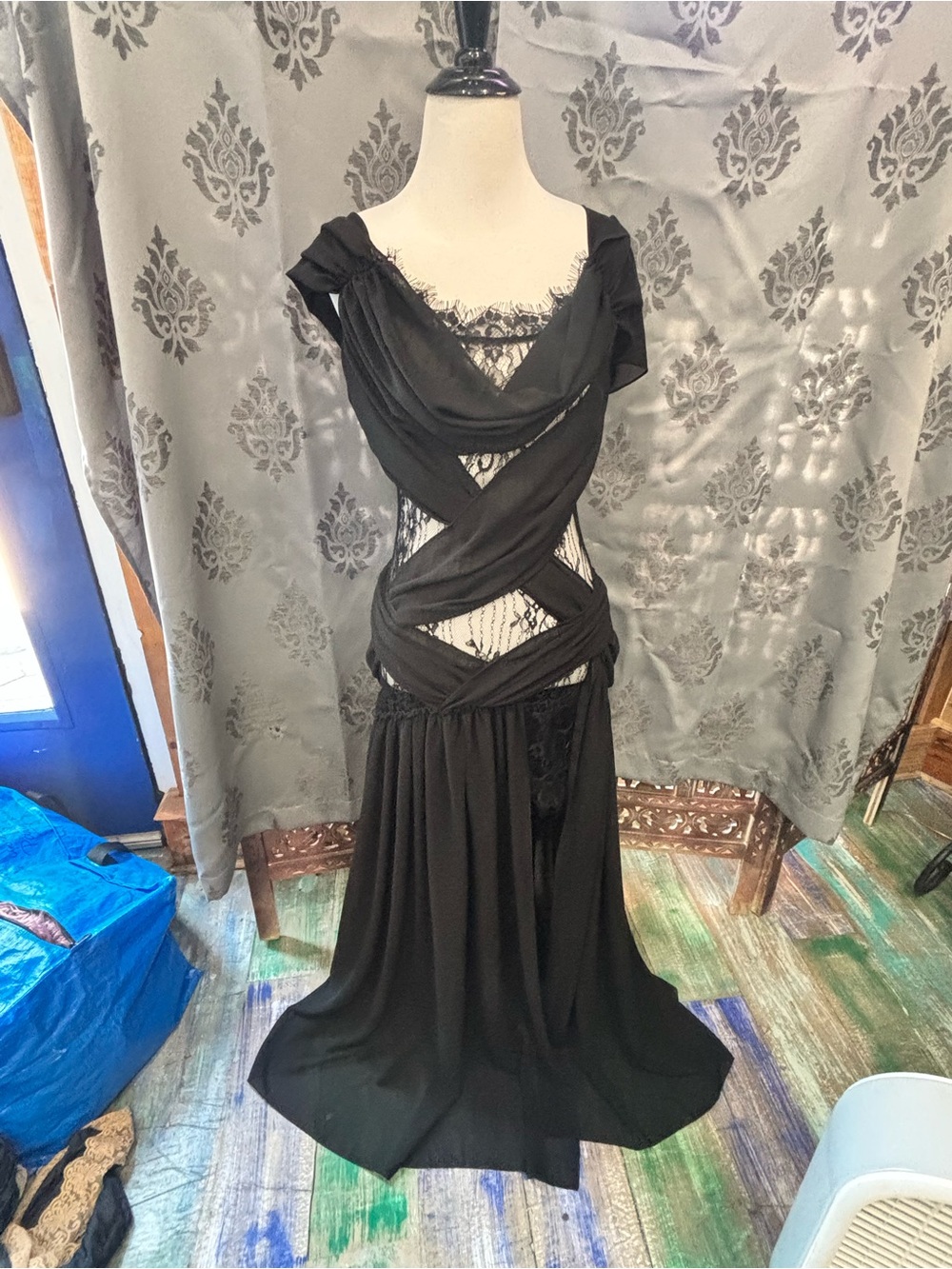 Black Lace Draped Evening Dress